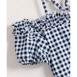 Babyhug Cold Shoulder Sleeves Checks Frock Swimsuit - Black & White