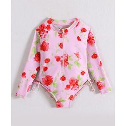 Babyhug Full Sleeves V Cut Swimsuit With Floral Print - Pink