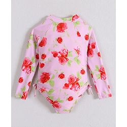 Babyhug Full Sleeves V Cut Swimsuit With Floral Print - Pink