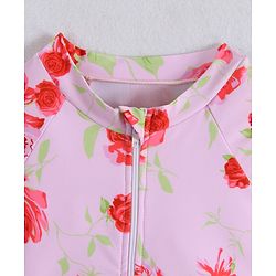 Babyhug Full Sleeves V Cut Swimsuit With Floral Print - Pink