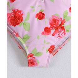 Babyhug Full Sleeves V Cut Swimsuit With Floral Print - Pink