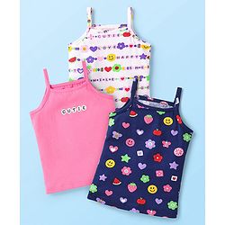 Babyhug 100% Cotton Single Jersey knit Sleeveless Slips With Floral Print Pack Of 3 - Pink Blue & White