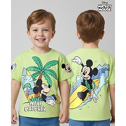 Babyhug Disney Single Jersey Knit Half Drop Shoulder Sleeves T-Shirt with Mickey Mouse Graphics & Patch - Light Green
