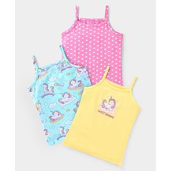 Babyhug 100% Cotton Knit Singlet Sleeves Slips with Unicorn & Hearts Print Pack of 3- Aqua Blue Pink & Yellow