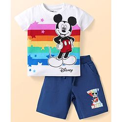 Babyhug Disney Single Jersey Knit Half Sleeves Shorts Night Suit with Mickey Mouse Graphics - Blue & White