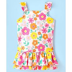 Babyhug Sleeveless Water Repellent Frock Swimsuit With Floral Print - White