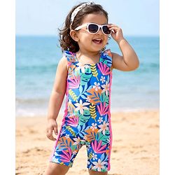 Babyhug Sleeveless Water Repellant Legged SwimSuit Floral Print - Blue