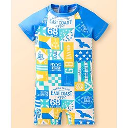Babyhug Half Raglan Sleeves Water Repellent Legged Swimsuit with Nautical Theme Print - Blue