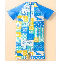 Babyhug Half Raglan Sleeves Water Repellent Legged Swimsuit with Nautical Theme Print - Blue