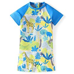 Babyhug Half Raglan Sleeves Water Repellent Legged Swimsuit with Jungle Theme Print - Blue