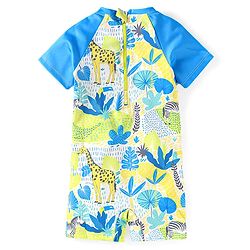Babyhug Half Raglan Sleeves Water Repellent Legged Swimsuit with Jungle Theme Print - Blue