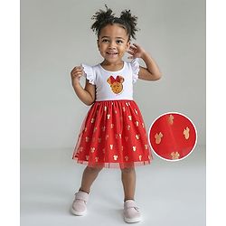 Babyhug Disney Single Jersey Knit Frill Sleeves Dress With Minnie Mouse Graphics - White & Red