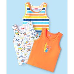 Babyhug 100 % Cotton Knit Sleeveless Striped & Animal Printed Vests Pack of 3 - Coral & White