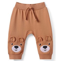 Babyhug Interlock Knit Full Length Diaper Leggings with Bear Applique - Brown