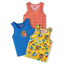 Babyhug 100 % Cotton Knit Sleeveless Sando with Beach Theme Print & Stripes Pack of 3 - Yellow Red & Blue