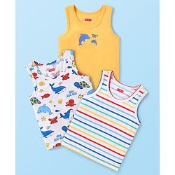 Babyhug 100% Cotton Knit Sleeveless Sea Life Theme Printed Sandos Pack of 3 - Yellow & White