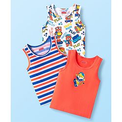 Babyhug 100% Cotton Knit Sleeveless Sandos With Stripes & Cub Print Pack of 3 - Blue Red & White