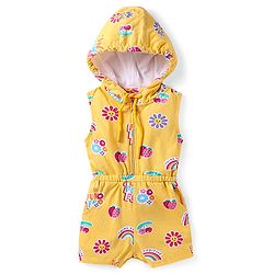 Babyhug Cotton Knit Sleeveless Hooded Jumpsuit with Tropical Theme Print - Yellow
