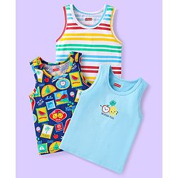 Babyhug 100% Cotton Knit Antibacterial Sleeveless Sandos with Stripes & Beach Theme Print Pack of 3 - Light Blue & Navy Blue
