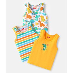 Babyhug 100% Cotton Knit Sleeveless Sando Vests With Dino Print Pack of 3 - Yellow White & Red
