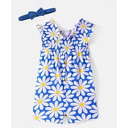 Babyhug 100 % Cotton Sleeveless Knit Romper & Hairband with Floral Print - White & Blue