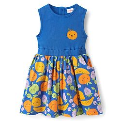 Babyhug Single Jersey Knit Sleeveless Frock with Fruits Print & Patch Detailing - Blue