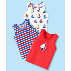 Babyhug 100% Cotton Knit Sleeveless Sando Vests With Boat Print Pack of 3 - Red Blue & White