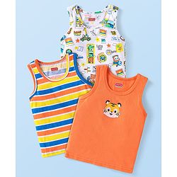 Babyhug 100 % Cotton Knit Sleeveless Sando with Animal Print & Stripes Pack of 3 - Orange & White