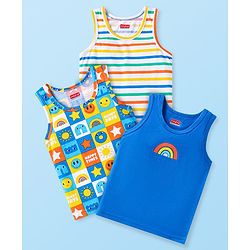 Babyhug 100% Cotton Knit Sleeveless Sando With Stripes & Smiley Print Pack Of 3 - Blue
