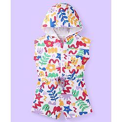 Babyhug Cotton Knit Half Sleeves Hooded Jumpsuit with Floral Print - White