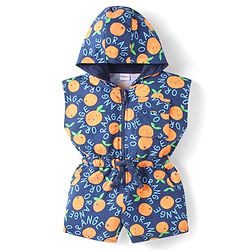 Babyhug Cotton Knit Half Sleeve Hooded Jumpsuit with Orange Print - Navy Blue