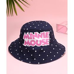 Babyhug Cotton Woven Bucket Hat with Polka Dot Print & Minnie Mouse Graphic Navy Blue - Diameter 17 cm