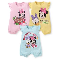Babyhug Disney Interlock Knit Fill Sleeves Rompers with Minnie Mouse Graphics Pack of 3 - Yellow Pink & Light Blue