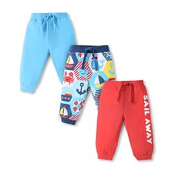 Babyhug Cotton Terry Full Length Jogger Fit Lounge Pants with Ribbed Waist & Marine Theme Print Pack of 3 - Red & Blue