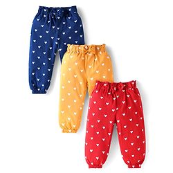 Babyhug Terry Knit Full Length Lounge Pants with Hearts Print & Bow Applique Pack of 3 - Red Yellow & Blue