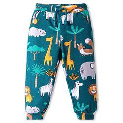 Babyhug Cotton Knit Full Length Lounge Pant with Animals Print - Dark Green