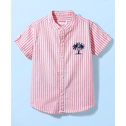 Babyhug Cotton Woven Half Sleeves Shirt With Tree Embroidery Stripes - Pink