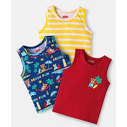 Babyhug 100% Cotton Knit Sleeveless Antibacterial Sandos Striped & Beach Theme Print Pack of 3 - Yellow Red Navy Blue