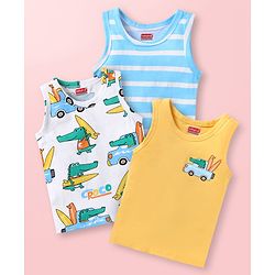 Babyhug 100% Cotton Knit Antibacterial Sleeveless Sandos with Stripes & Vehicle Print Pack of 3 -  Light Blue & Yellow