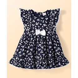 Babyhug Cotton Woven Frill Sleeves Frock with Floral Print & Bow Applique - Navy Blue
