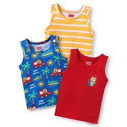 Babyhug 100% Cotton Knit Antibacterial Sleeveless Sandos with Stripes & Vehicle Print Pack of 3 - Navy Blue Red & Yellow