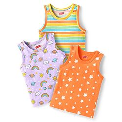 Babyhug 100% Cotton Single Jersey Knit Sleeveless Antibacterial Sandos With Striped Rainbow & Star Print Pack Of 3 - Orange Purple & Yellow