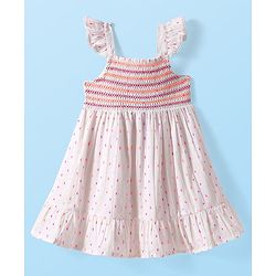 Babyhug Cotton Woven Frill Sleeves Printed Frock - White