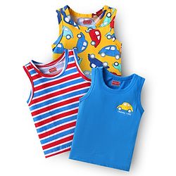 Babyhug Single Jersey Knit Sleeveless Antibacterial Sandos With Striped & Vehicle Print Pack Of 3 - Yellow Blue & Red
