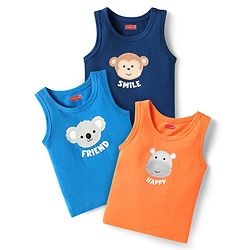 Babyhug 100% Cotton Single Jersey Knit Antibacterial Sleeveless Sandos With Animal Print Pack Of 3 - Orange Blue & Navy Blue