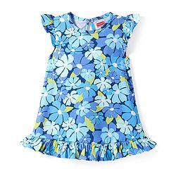 Babyhug Cotton Knit Frill Sleeves Nighty With Frill Detailing And Floral Print - Blue