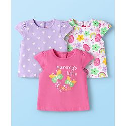 Babyhug Cotton Knit Cap Sleeves T-Shirts with Hearts & Butterfly Print Pack of 3 - Pink Lavender & White