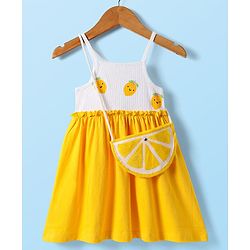 Babyhug Single Jersey Knit Sleeveless Frock with Sling Bag & Lemon Print - Yellow & White