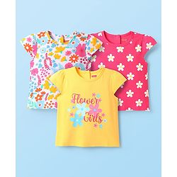 Babyhug Cotton Knit Cap Sleeves T-Shirts with Floral Print Pack of 3 - Pink White & Yellow