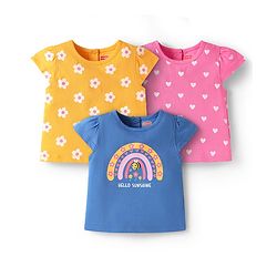 Babyhug Cotton Knit Cap Sleeves T-Shirts with Floral Hearts & Rainbow Print Pack of 3 - Yellow Blue & Pink